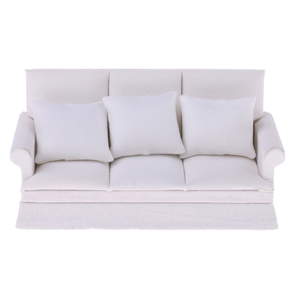 

1/12 Dollhouse Miniature Living Room Furniture Three Seater Couch Sofa Pillow Set White Dolls House Decoratio
