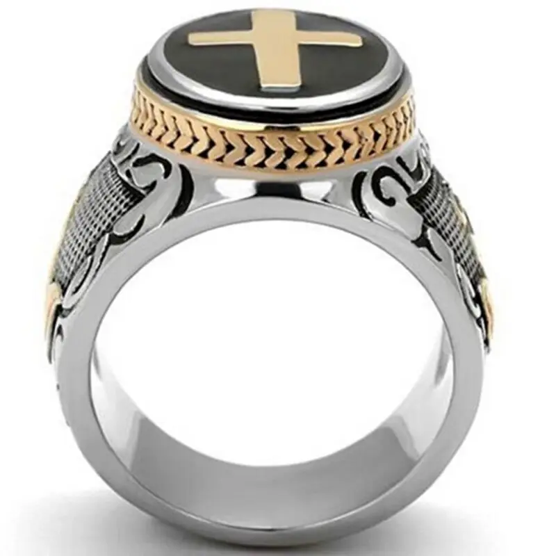 Винтажное серебряное Золотое двухцветное кольцо-печатка со священным крестом, классическое популярное простое кольцо с христианским Иисусом, Размер 7-15