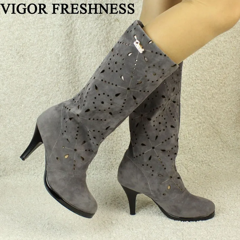 VIGOR FRESHNESS Boots Women Shoes Summer Boots Mid Calf Cutout Woman Boots Spring Ladies Eyelet Shoes Thin Heels Autumn MY176