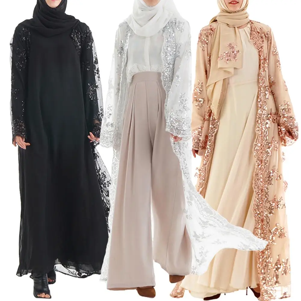 Модный роскошный женский кардиган abaya с блестками, мусульманское длинное платье, блестящее, Дубай, с вышивкой, кружевной кафтан, исламский халат, кимоно, новинка