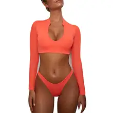 Женский раздельный купальник бикини, 2 шт., летний Одноцветный сексуальный купальник с длинным рукавом, вечерние купальники для отдыха, бассейна, пляжная одежда