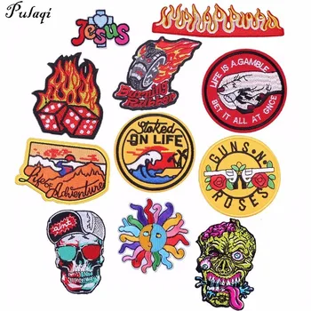 

Pulaqi Embroidery Patches for Jacket Back Vest Motorcycle Biker Fire Iron-on Applique For Clothes Apparel DIY Skull Punk Badge H