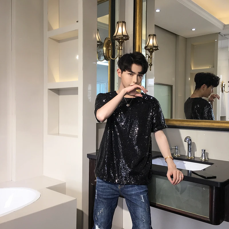 

2019 New party dress sequin t shirt Men's Round Neck Short-sleeved men Casual Fashion Fun Clothes tops tshirt streetwear