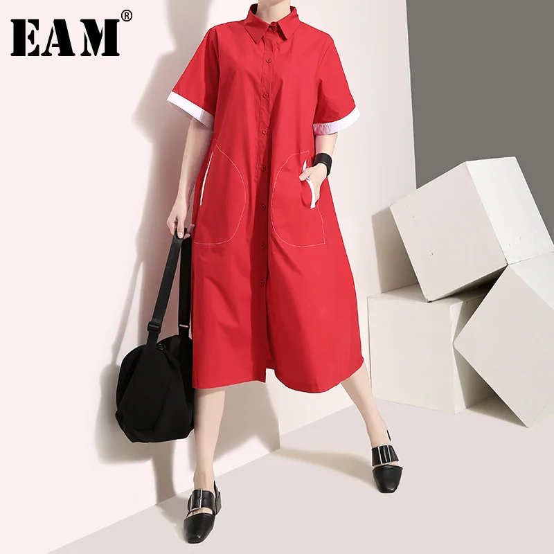 

[EAM] 2019 New Spring Summer Lapel Short Sleeve Hit Color Pocket Split Joint Loose Big Size Shirt Dress Women Fashion Tide JU413