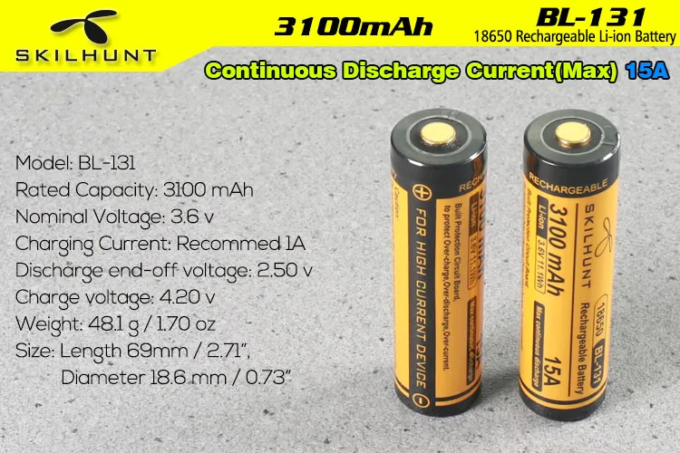 Skilhunt BL 131 18650 3100mAh 15A защищенная батарея|Портативные осветительные приборы| |