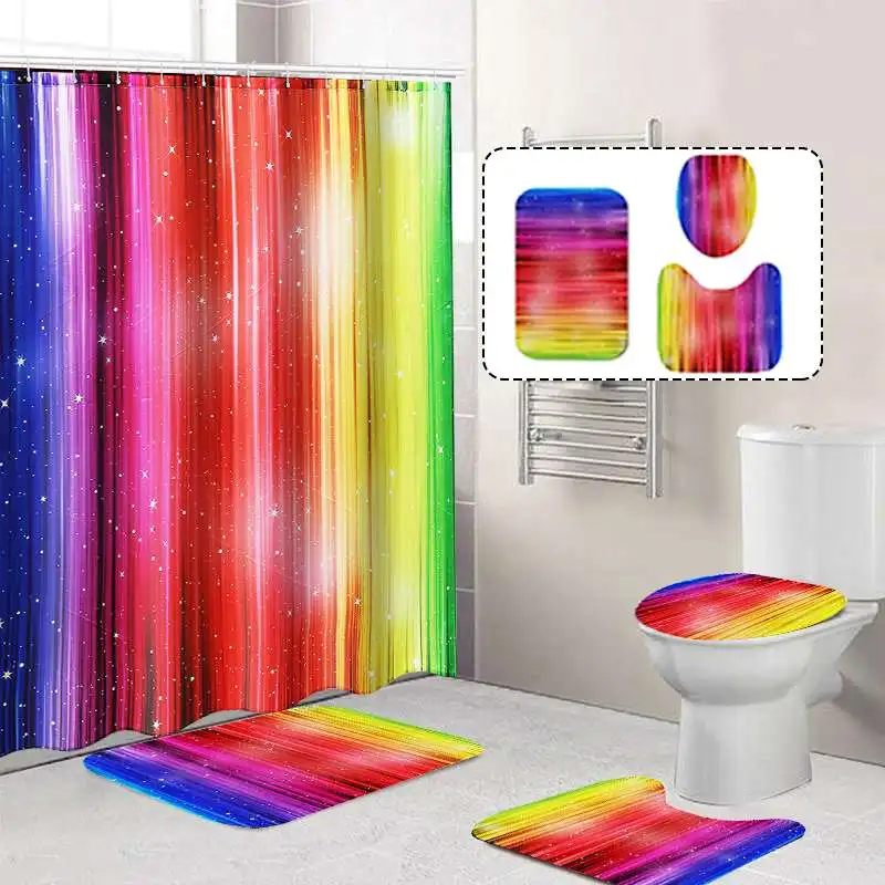 

79x71'' Rainbow Colorful Waterproof Polyester Shower Curtains Bathroom Curtains w/12 Hook Pedestal Rug Lid Toilet Cover Mat Set