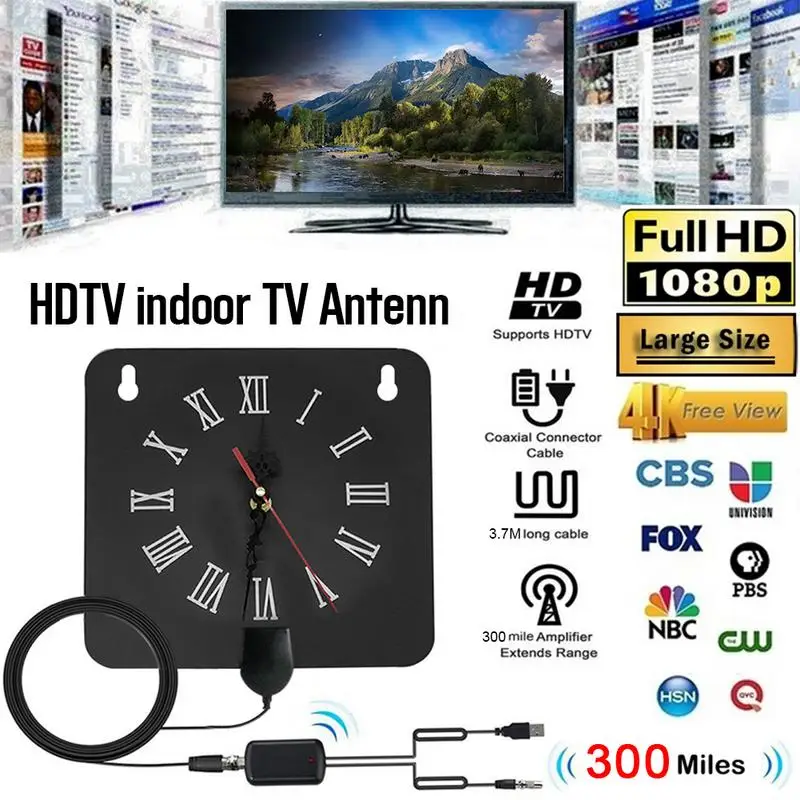 

300 Miles Indoor Digital TV Antenna 1080p HD Signal Receiver Amplifier Alarm Clock Style with Signal Amplifier Booster