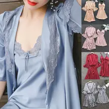 Новинка, 3 шт., женское сексуальное белье, Шелковый кружевной халат, платье для сна, ночные сорочки, стринги, набор халатов, ночная рубашка, ночная рубашка