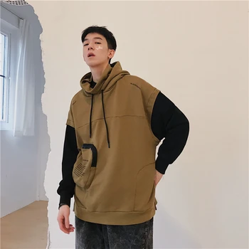 

Spring New Hoodies Men Fashion Contrast Color Casual Hooded Sweatshirt Man Streetwear Hip Hop Loose Fake Two-piece Pullover