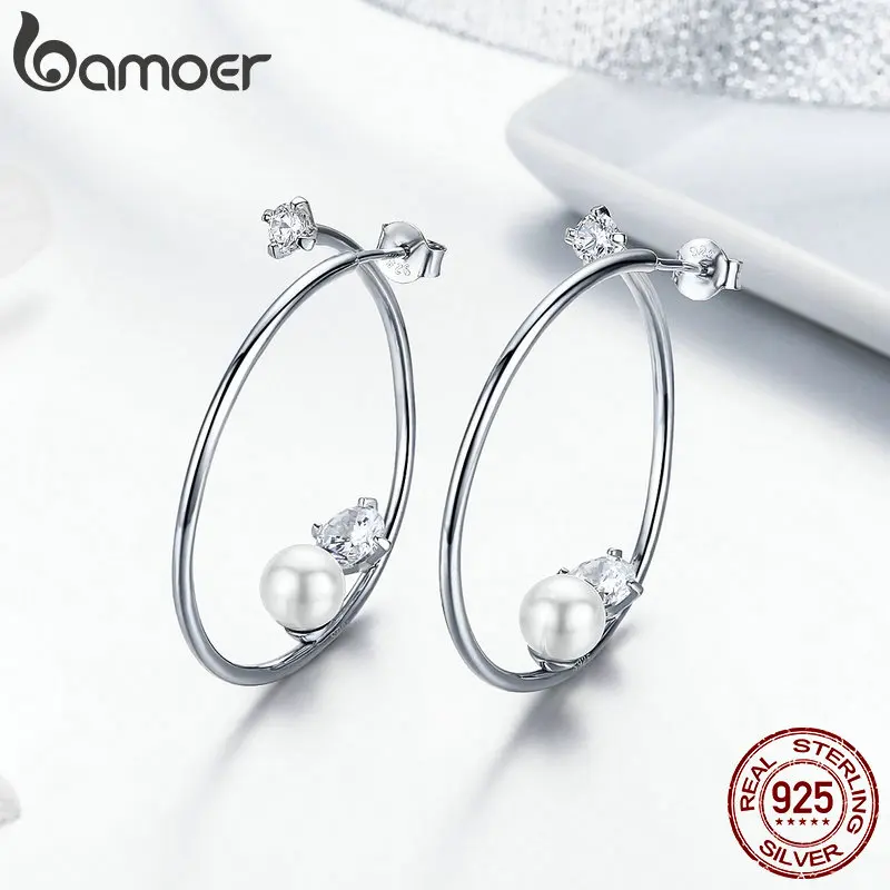 BAMOER серьги-обручи, женские корейские жемчужные серьги-кольца, 925 пробы, серебряные ювелирные изделия, свадебные массивные украшения BSE074