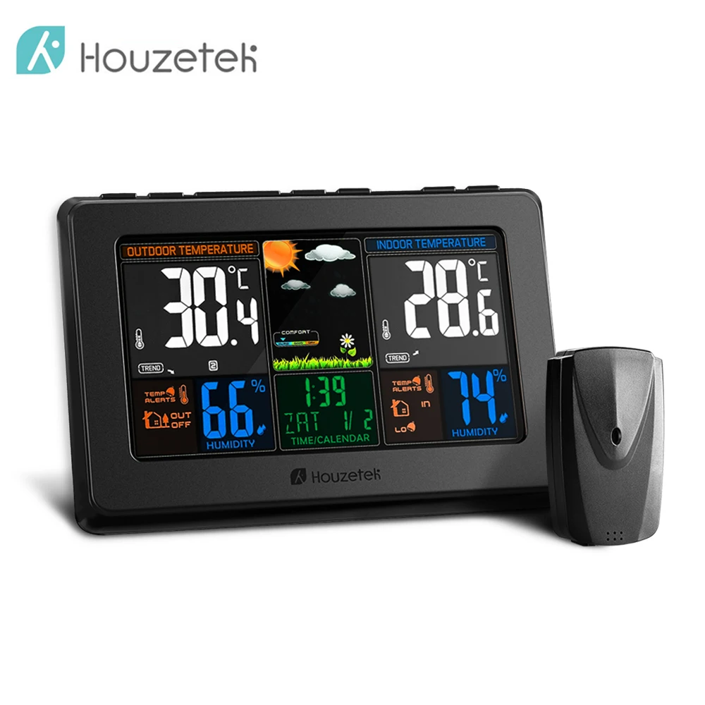 

Houzetek Wireless Weather Station Clock Weather Forecast Humidity Temperature Meter Thermometer With Sound Control Backlight
