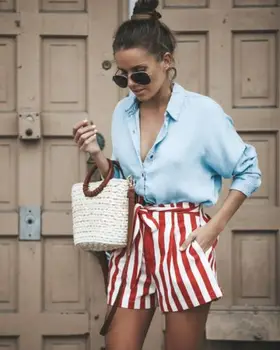 

100% Women Summer Casual High Waist Short Loose Striped Tie Mini Slim Shorts Hot Shorts Two Colors