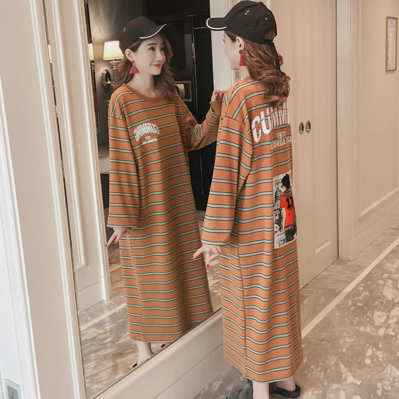 

#4949 Spring Autumn Stripe Long Sleeve T Shirt Dress Women Plus Size Brown Color Korean Style Straight Loose Womens Clothing