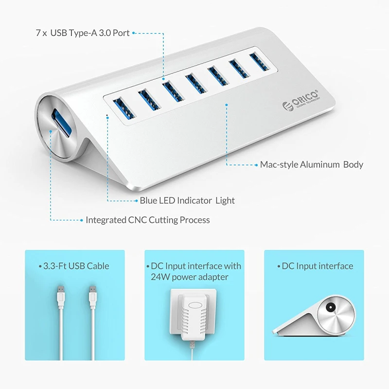  Hub ORICO USB3.0 de aluminio 7 puertos Hub Super Speed con adaptador de corriente de 12V 3.3Ft. Cab