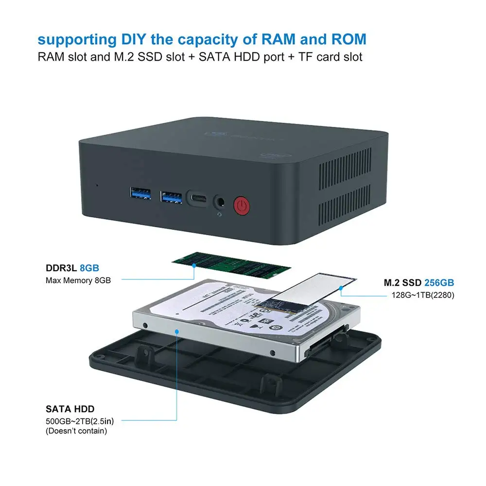 Beelink U55 Мини ПК Intel Core I3-5005U процессор(Intel Hd 5500), Ddr3L 8 Gb Ram/256 Gb Ssd/Diy Hdd 1000 Мбит/с Lan 2,4/5,8G