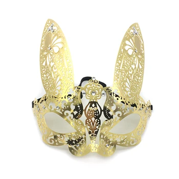 

Half Face Party Diamond Crystal Rhinestone Metal Mask Cat Face Mask Fashion Venetian Masquerade Long Ears Iron Masks For Party