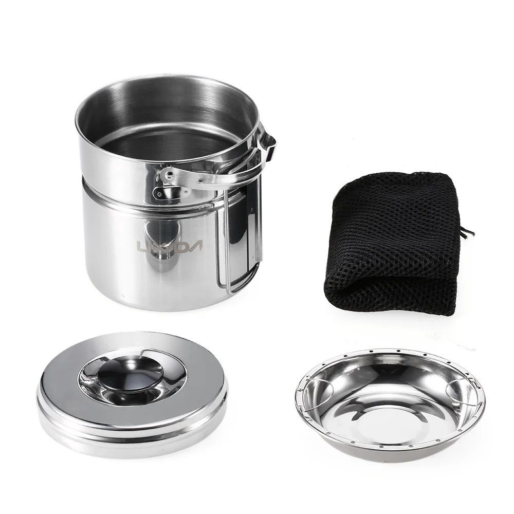 Lixada de cocina de acero inoxidable conjunto vajilla olla fianza manejar Camping olla interna humeante plato mango plegable al aire libre olla