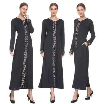 

Abaya Women Muslim Long Dress Kaftan Maxi Gown Plaid Cuff Patchwork Middle East Gown O-neck Slim Turkey Long Sleeve Arab Jilbab