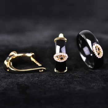 

Blucome Black Ceramic Earrings Rings Set Gold Color Princess Hooks Stud Earrings Full Zircons Rhinestone Setting Jewelry Sets
