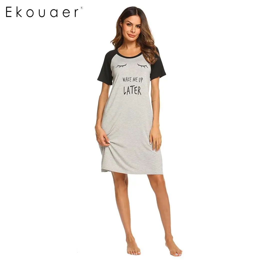 Ekouaer женские сорочки Ночное платье пижамы с круглым вырезом короткий рукав мультфильм печать ночная рубашка ночное белье женская ночная рубашка одежда
