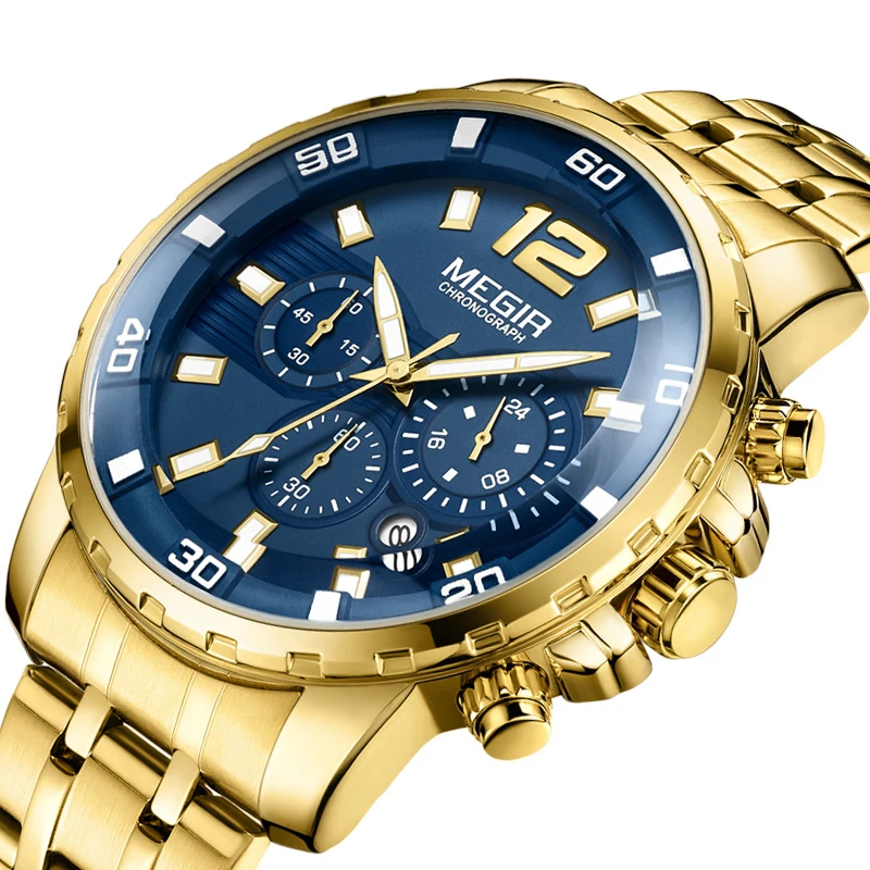 

Megir Men'S Gold Stainless Steel Quartz Watches Business Chronograph Analgue Wristwatch For Man Waterproof Luminous 2019