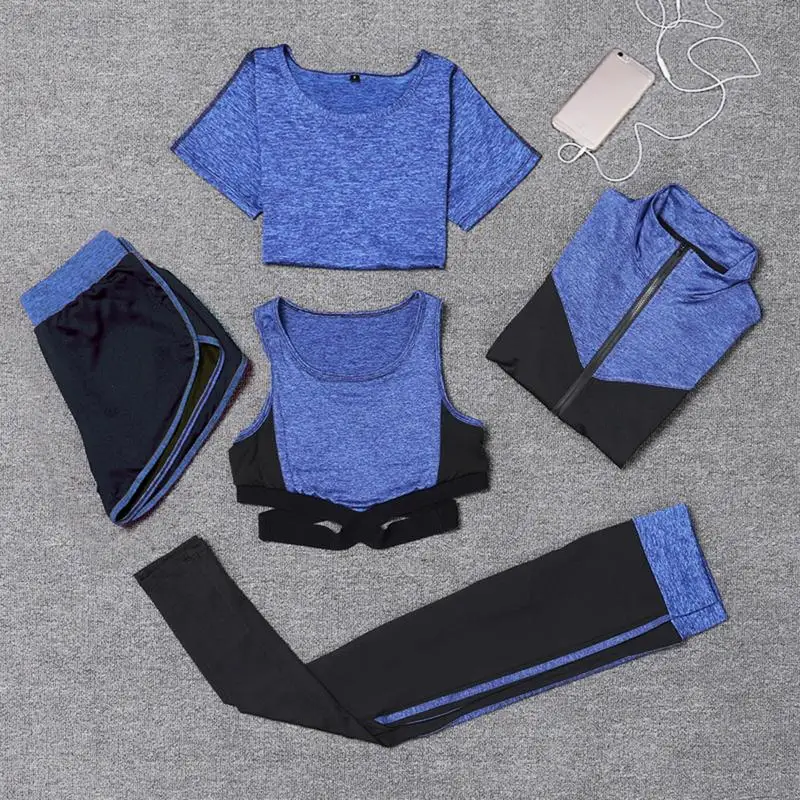 5 Piece Women Yoga Sets Sport Wear Women Fitness Sport Bra+Short sleeve+jacket+Yoga Pants+Shorts Sport Set Workout Gym Clothing