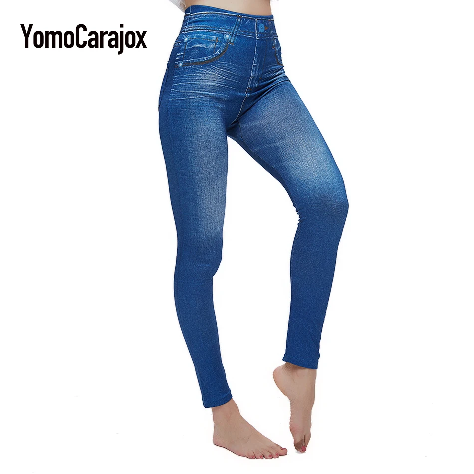 

Plus Size Sexy Push Up Fake Jeans Leggins for Women Denim Pencil Pants Slim Fitness Jeggings Leggings With Two Real Pockets