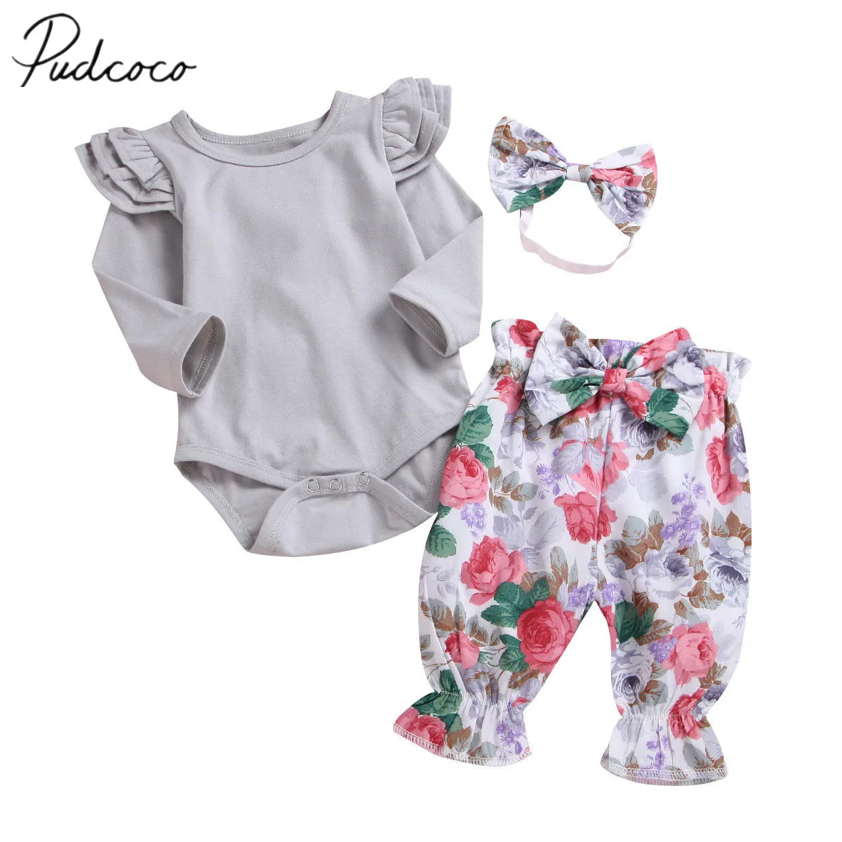 

2018 Brand New Infant Kid Baby Girls Autumn Winter Clothes 3PCS Set Ruffles Sleeve Solid Romper Tops+Floral Print Pants+Headband