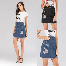 NORMOV женские летние черные синие однотонные повседневные с высокой талией рваные джинсовые юбки карандаш с карманами на пуговицах универсальные Джинсы S