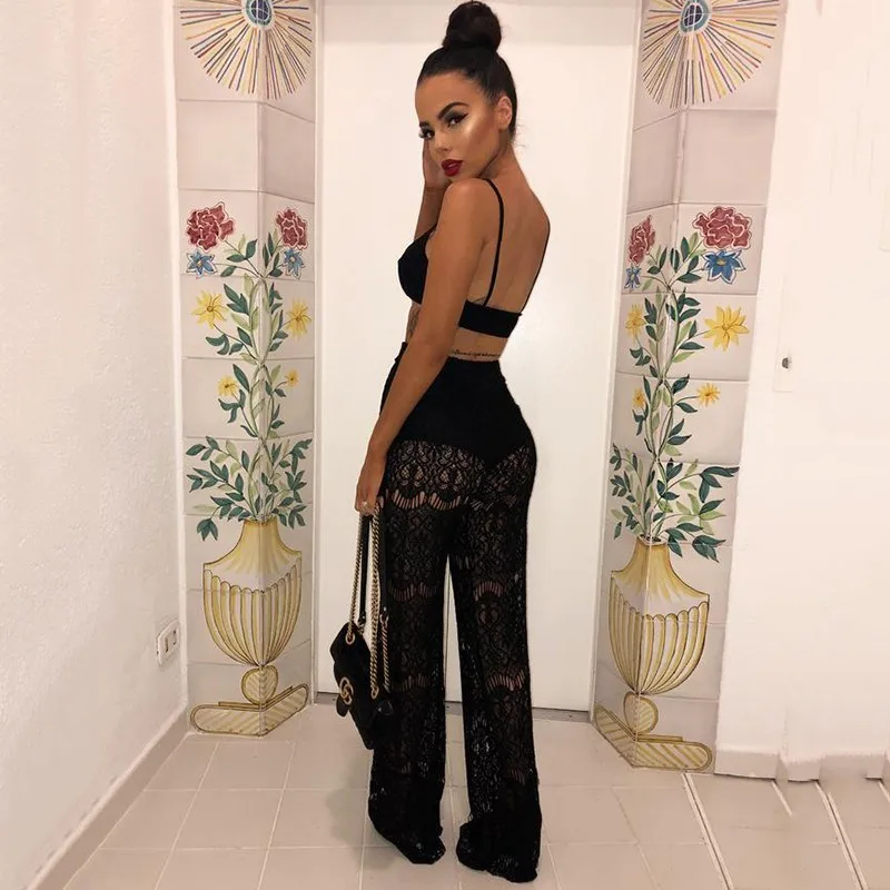 DRESSMECB кружевной сексуальный комбинезон топ и брюки женский комплект 2 шт.