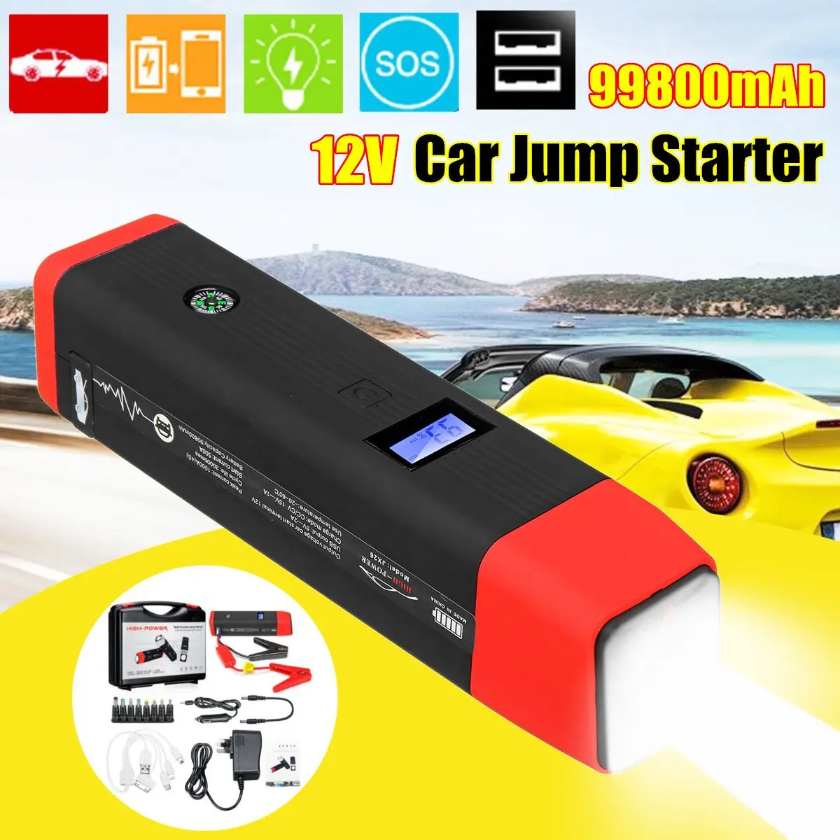 99800 мА/ч, 12V светодиодный Портативный Авто Jump Starter экстренных стартов Мощность банк авто мобильного телефона для зарядки