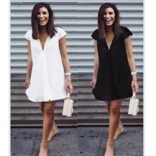 

2019 Summer Fashion Women Blouse Chiffon Short Sleeve Shirt Casual Deep V Neck Loose Tops Dress Plus Size