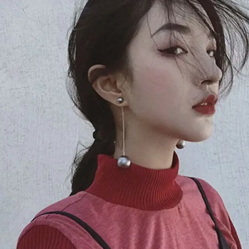 

European Personality Exaggeration Minimalist Punk Style Metal Silver Chain Gray Big Pearl Long Drop Earrings For Women Jewelry