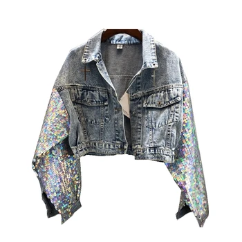 

#3116 Punk Style Denim Jacket Women Extra Short Coat Sequins Sleeve Loose Hip Hop Windbreaker Harajuku Jacket Jeans Ladies