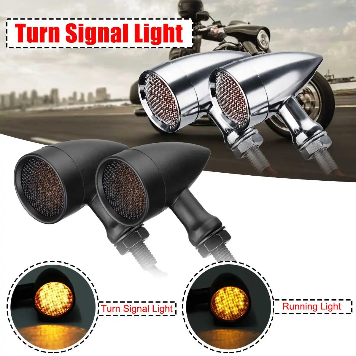 

2Pcs 10mm Bullet Grill LED Turn Signal Indicator Light Lamp for Harley Chopper Bobber Black /Silver