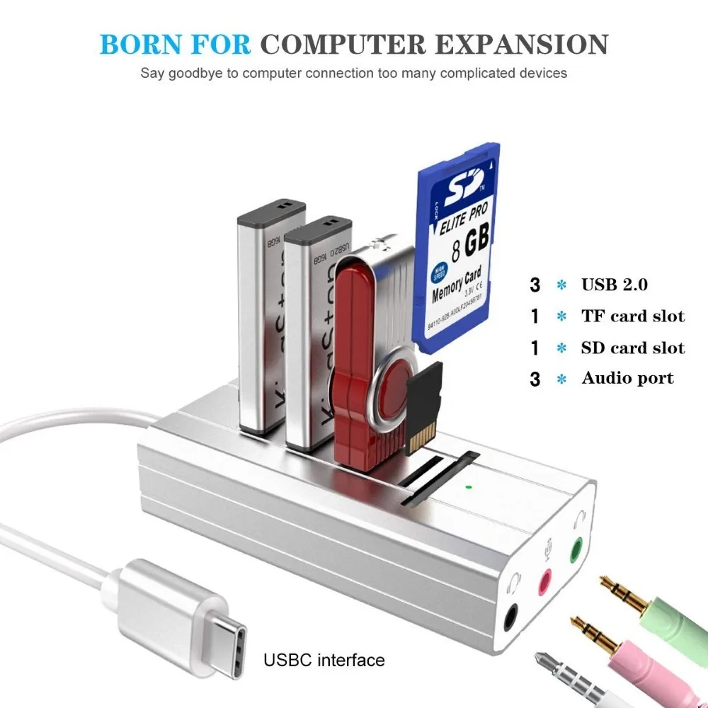 USB C концентратор Аудио Звуковая карта адаптер с USB SD TF внешний аудио адаптер Hi-Fi стерео конвертер AUX микрофон для всех OTG Com