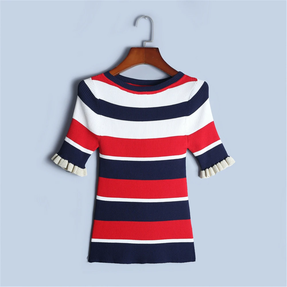 Ruffles Strickpullover Multicolor New Thin Runway T Top Sleeve Sweet Female Striped 2019 Jumper Design Shirt Short Women Summer shirt wUx1Pagx