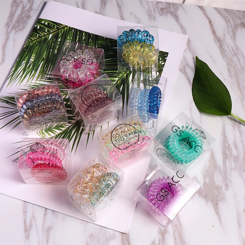 

2019 New Popular 2PCS/3PCS Candy Color Hair bands Telephone ring hair tie with box Adjustable Elastic Hair Rings