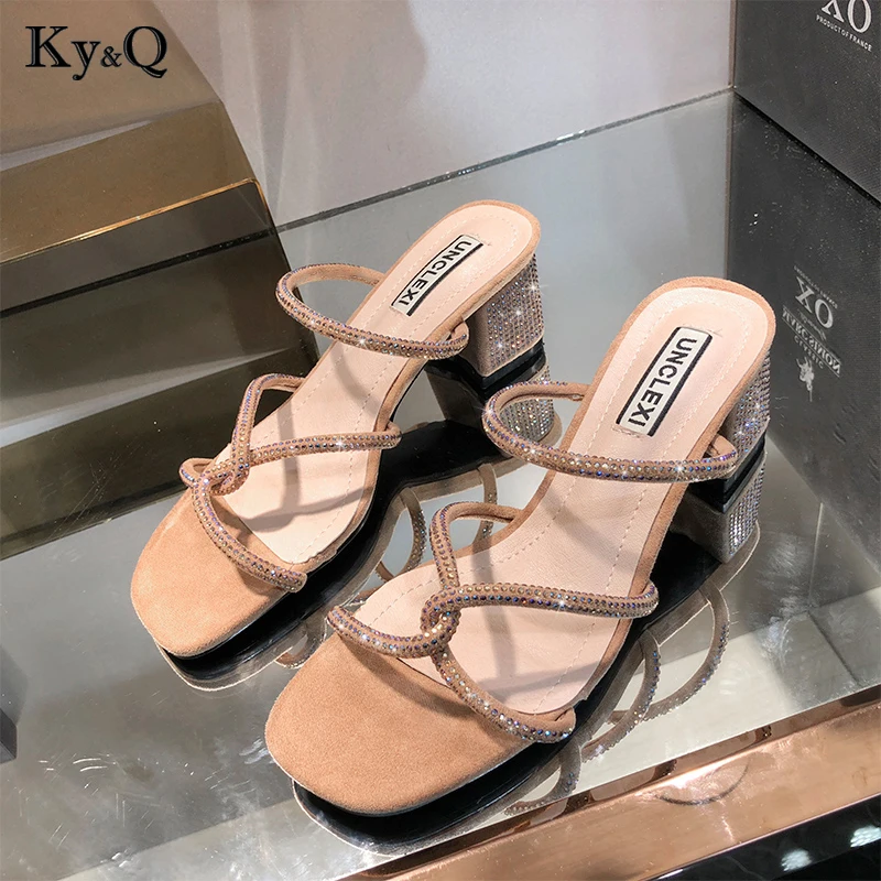 

2019 Summer New Fashion Ladies Wear Suede With Square Head Rhinestones Comfortable Thick With Roman Casual Wild Slippers 3-5cm