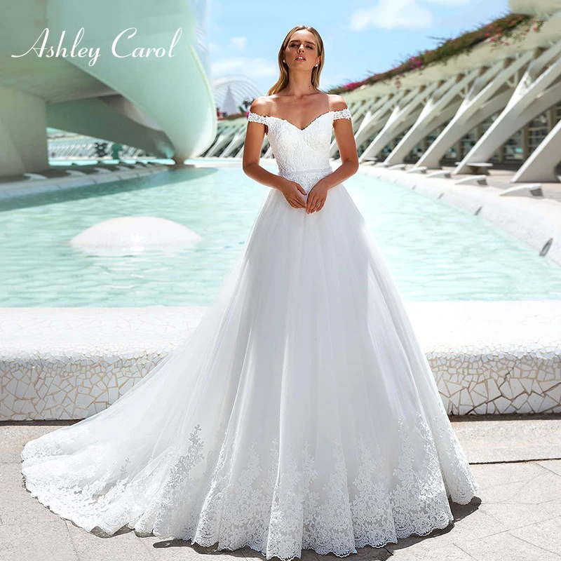 

Ashley Carol Appliques A-Line Wedding Dress 2019 Beaded Boat Neck Cap Sleeve Court Train Vintage Bridal Gown Vestido de Noiva