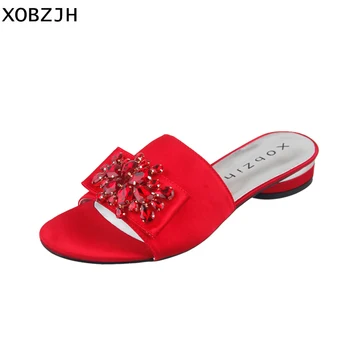 

XOBZJH Women Shoes 2019 Summer Silk Flat Sandals Rhinestone Slippers Red Luxury Party Open Toe Ladies Buckle Shoe Plus Size