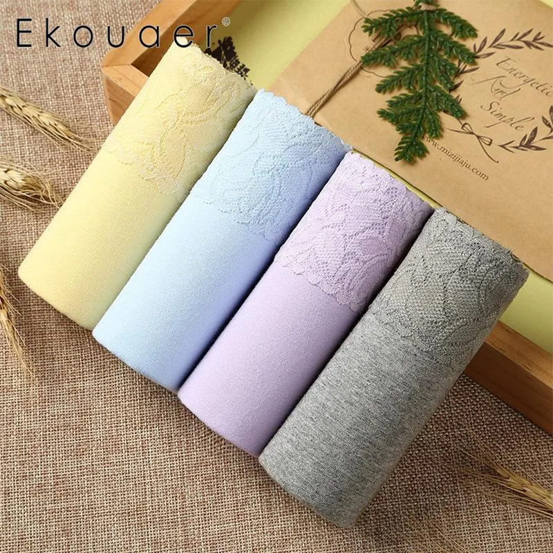 

Ekouaer 4pcs/Box Women Panties 100% Cotton Sexy Briefs Soft Lace Breathable Lift Hip Mid Waist Panties Underwear