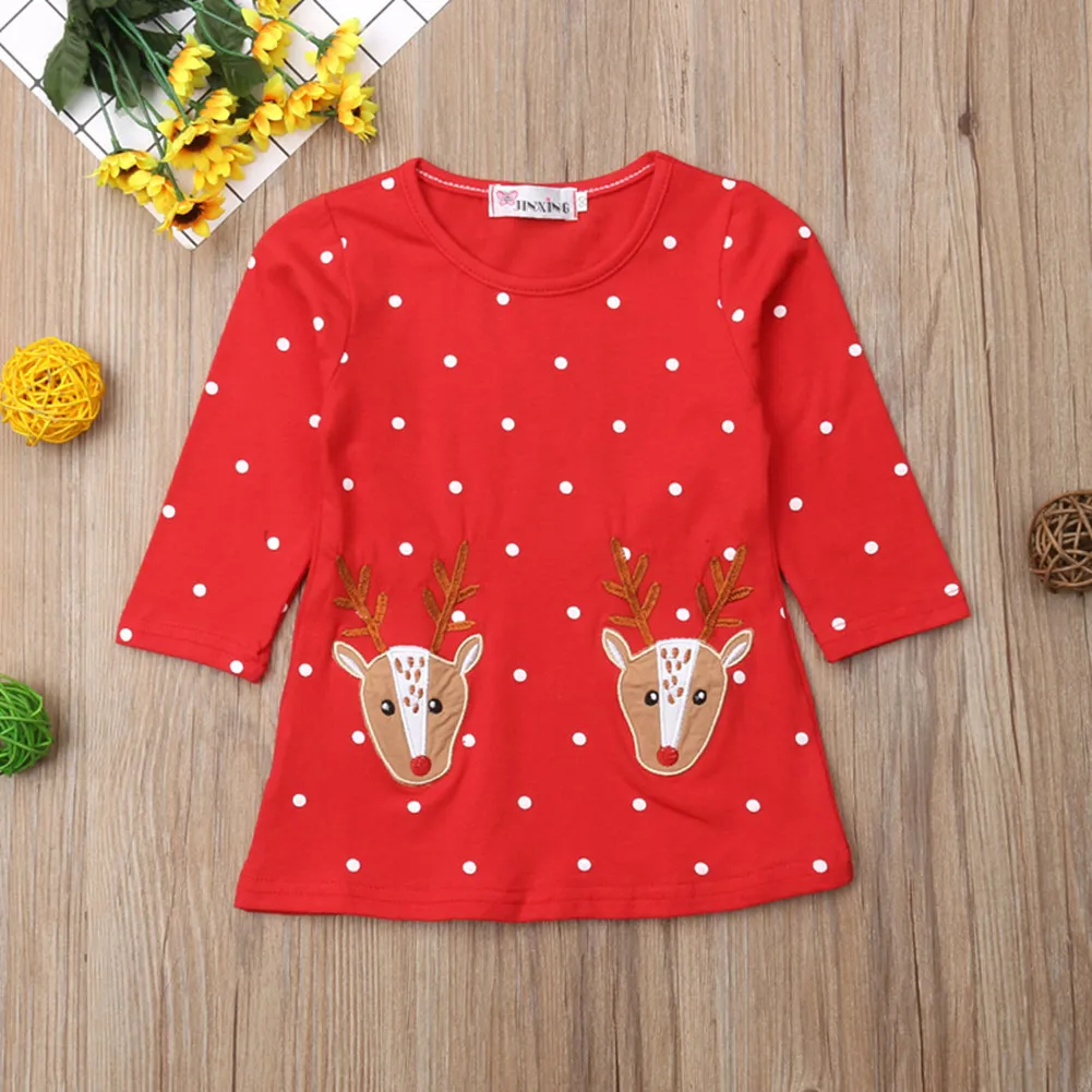 

Toddler Baby Girls Christmas Dresses Xmas Deer Dot A-Line Kids Dress Outfit Costume Holiday Gift Autumn Cotton Clothes 6M-6Y