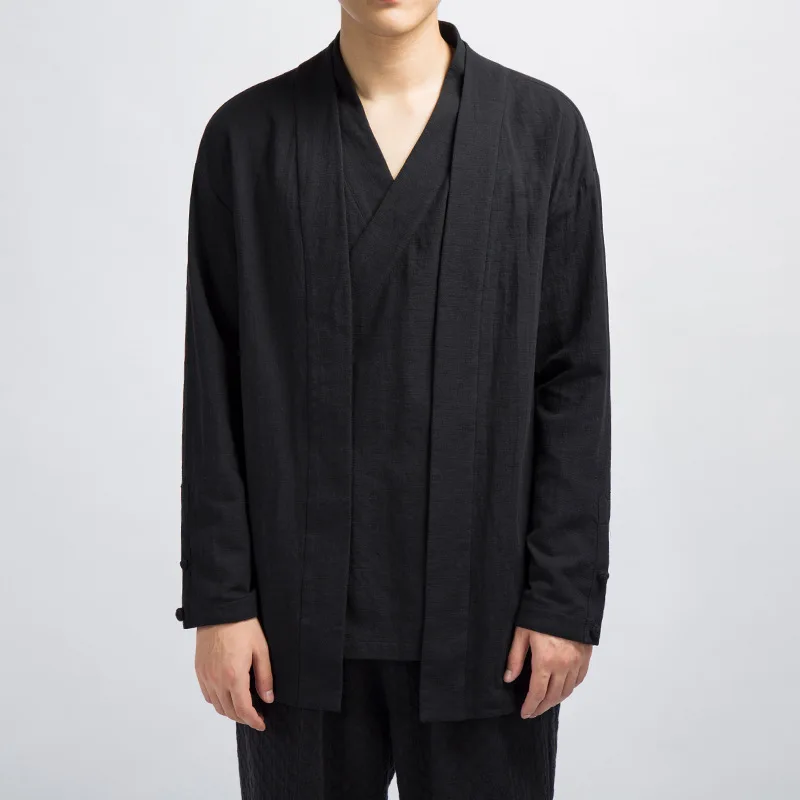 4349 повседневное винтажное фальшивое двухсекционное хлопковое льняное пальто с v-образным вырезом мужское кимоно куртка в китайском стиле свободного кроя размера плюс 4XL Белый/Черный