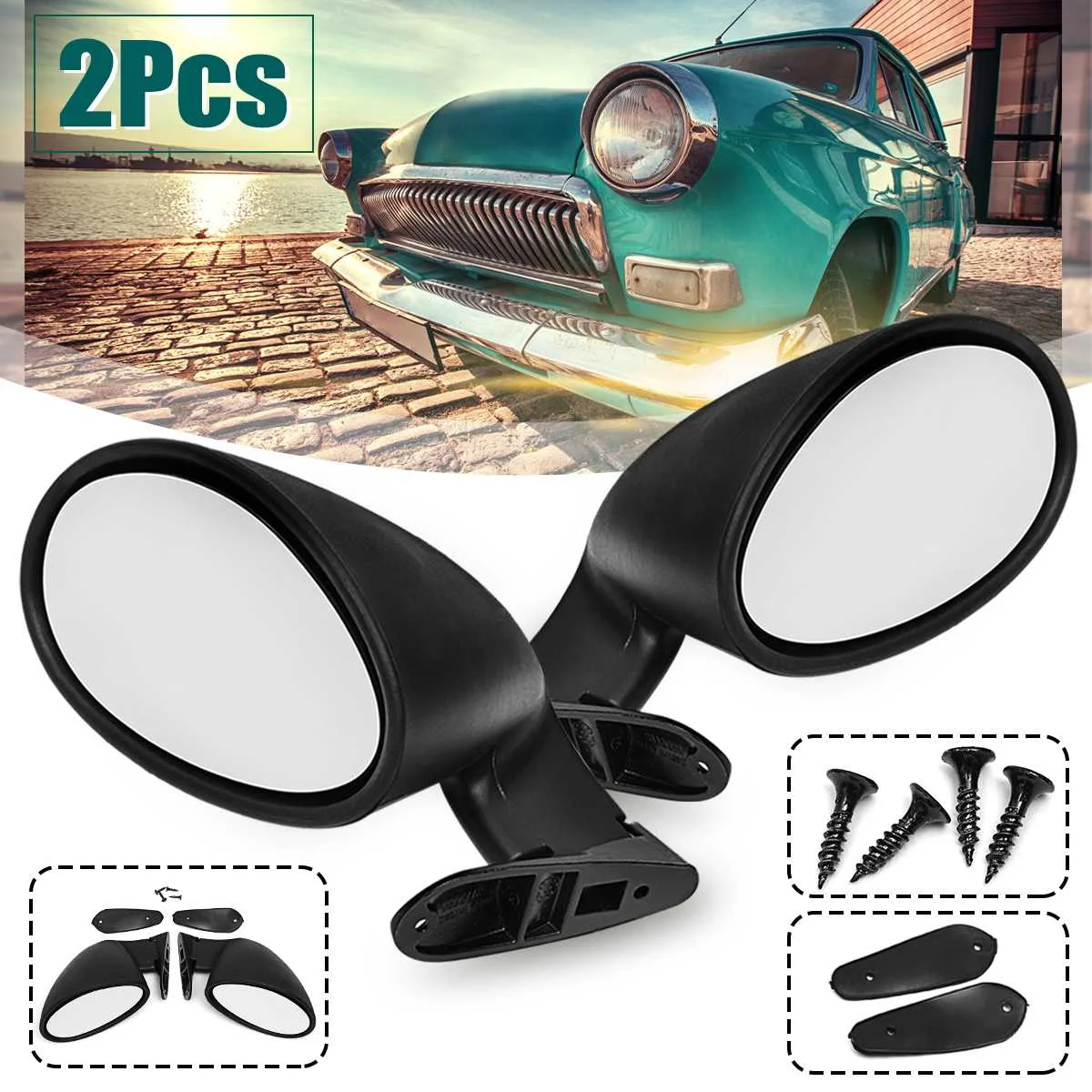 L+R Racing California Universal Retro Door Wing Side Mirror Universal Fit Vintage Matte Black
