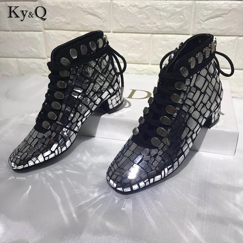 

2018 Winter New Woman Ankle Boots Sexy Shining Silver Leather Lace Up Square Heel Ladies Snow Motorcycle Boots