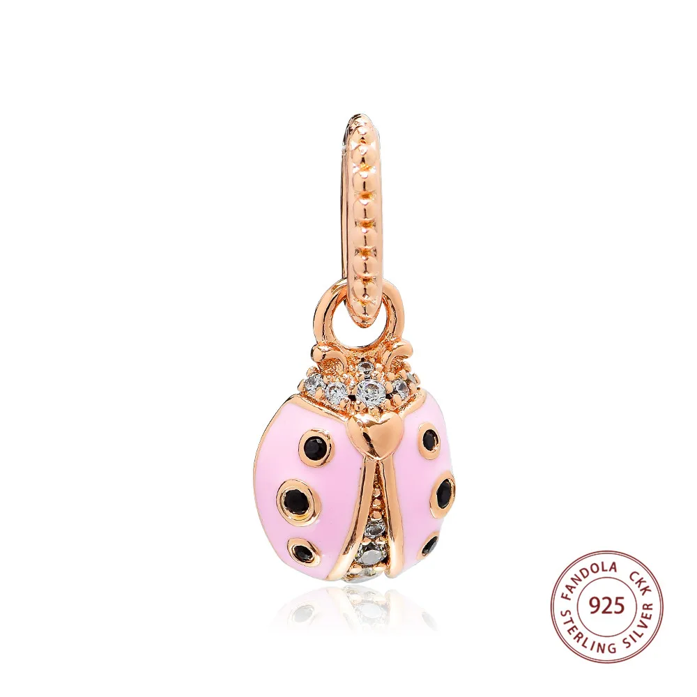 

100% 925 Sterling Silver Rose Lucky Pink Ladybird Charm Bead Fit Charms Silver 925 Original Bracelet Beads for Jewelry Making