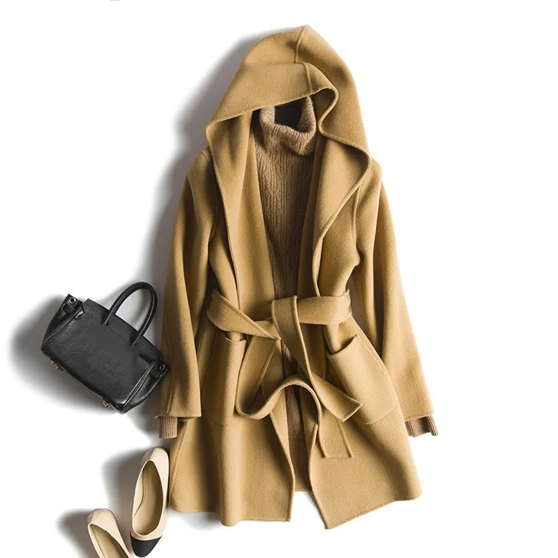 Осенне-зимнее женское Шерстяное Пальто 100% шерстяное двустороннее длинное пальто с поясом на шнуровке с капюшоном тонкое шерстяное пальто