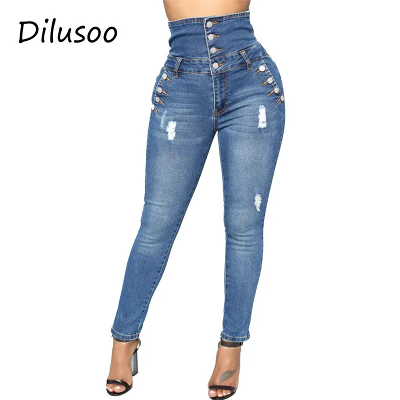 Dilusoo High Waist Women Jeans Pants Skinny Elastic Button