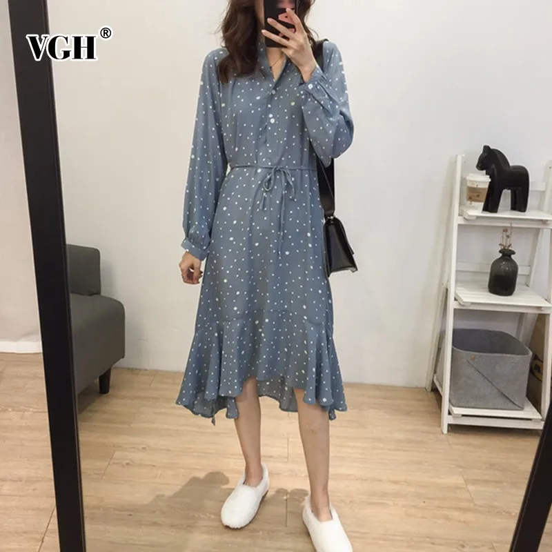 

VGH Autumn Winter Women Dress Vintage Polka Dot Puff Sleeve V-neck Ruffles Loose Oversize Female Dresses 2019 Fashion New